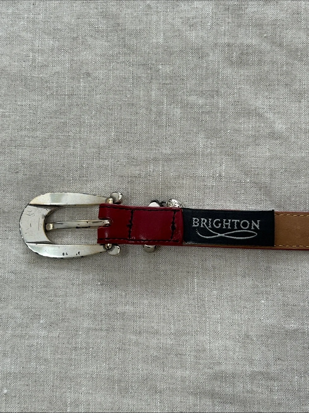 Brighton Red Leather Belt with Decorative Silver Buckle and heart charm. Size 32